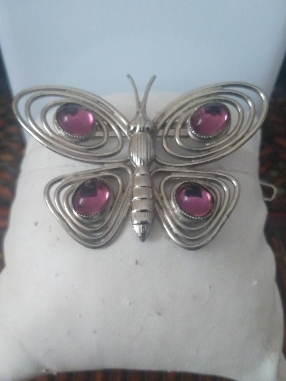 Silver Vintage Butterfly Brooch with Pink Cabochons